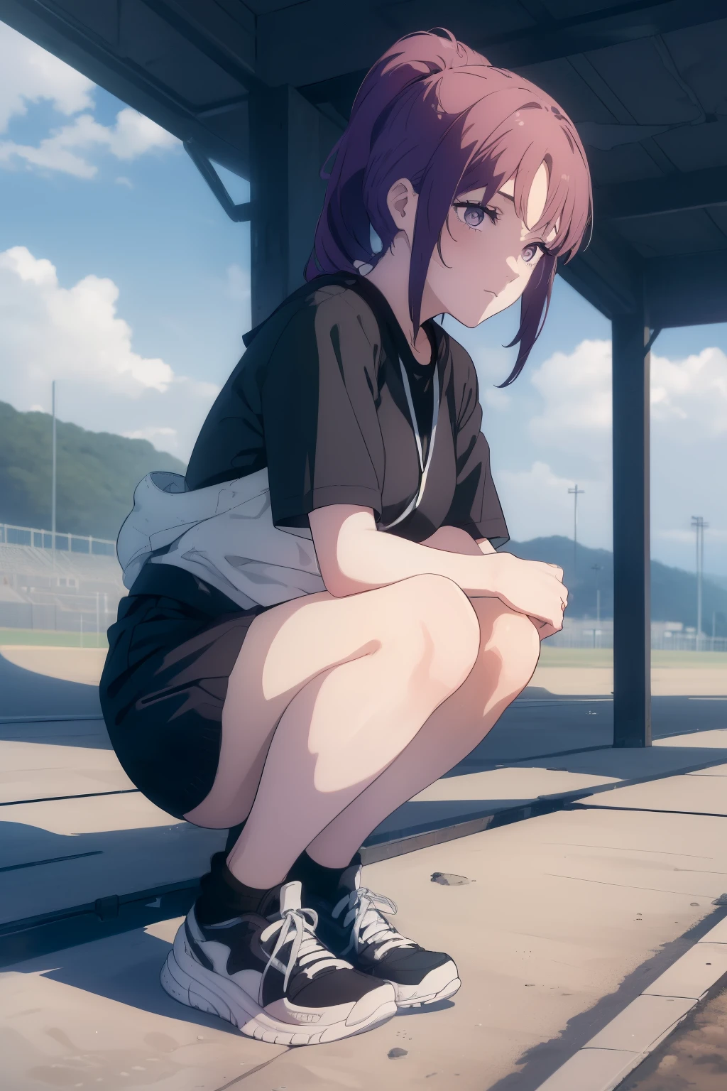 ((((Obra maestra, La mejor calidad, ultrahigh resolution)))), 1girl, ponytail, ((sneakers, shoelaces)), track, (((outside)))