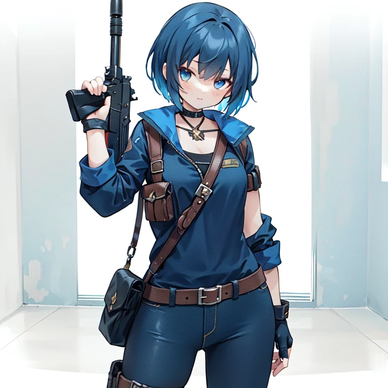 resident evil cosplay, sexy girl with blue suit holding weapon on left side, 1girl, solo, weapon, gun, short hair, fingerless gloves, cowboy shot, ,Ckochan
