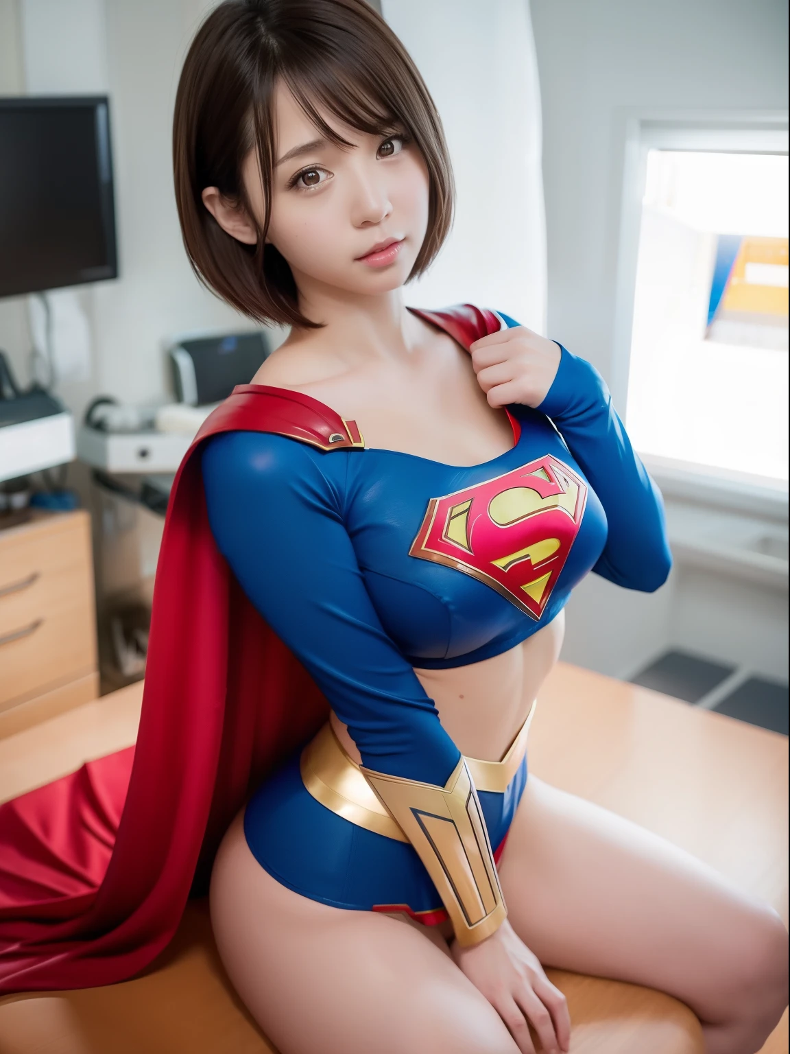 ​masterpiece,Supergirl Costume, short-hair, bare-legged, large full breasts,surgery room、Operating table、straddle、depraved、shiny、Looking at the camera、Provocation