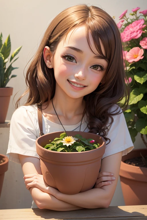 masterpiece, best quality, 1girl, Podenco, a flowerpot, little smile, multicolored background, flower, dynamic color,