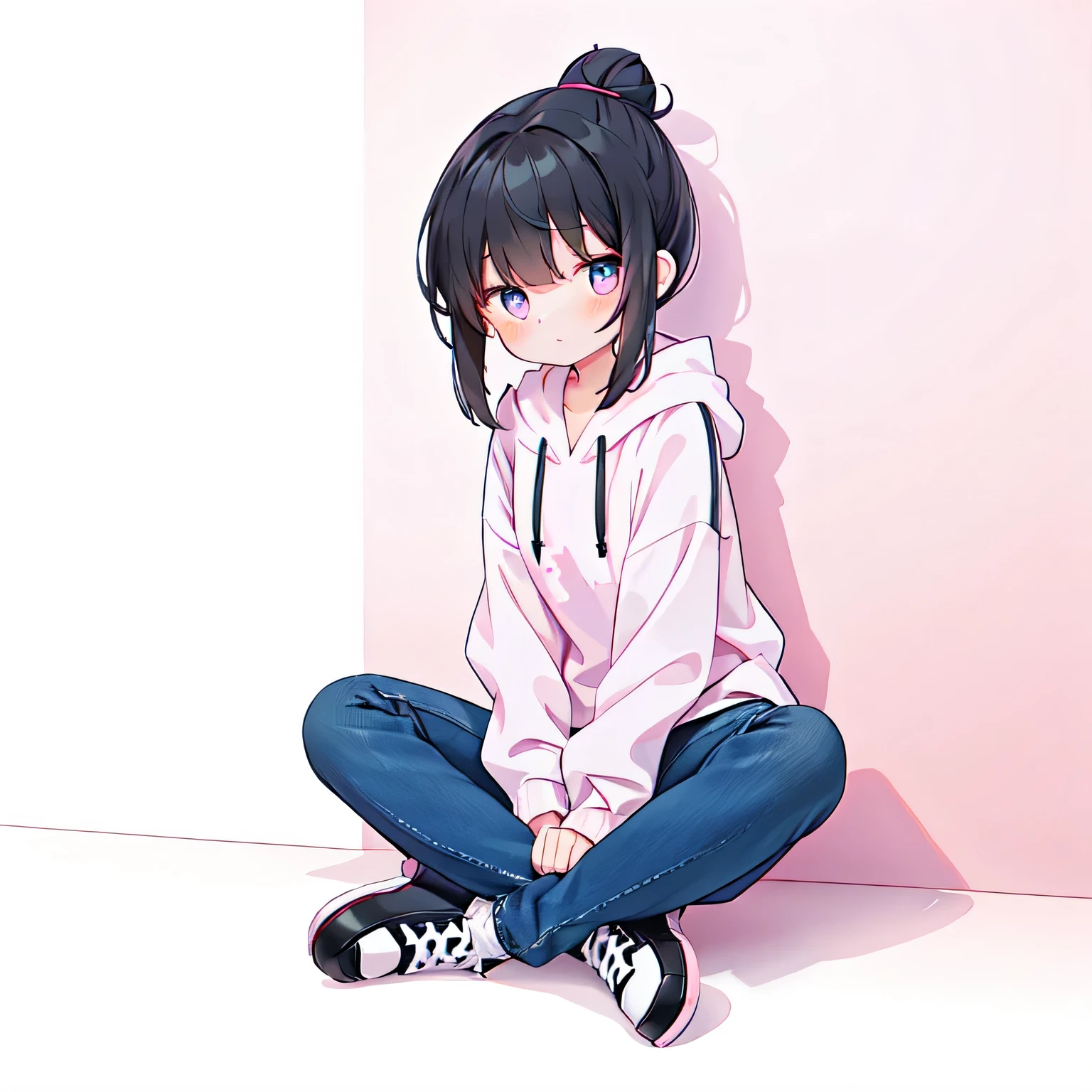 (masutepiece), Best Quality, Expressive eyes, Perfect face, The girl is sitting on a chair in the studio with her back to the pink wall, 1girl in, Solo, shoes, Shadow, hoods, Black hair, topknot hair, long denim skirt, Sitting, Pink background, white footwear, white hoodsie, hoods down