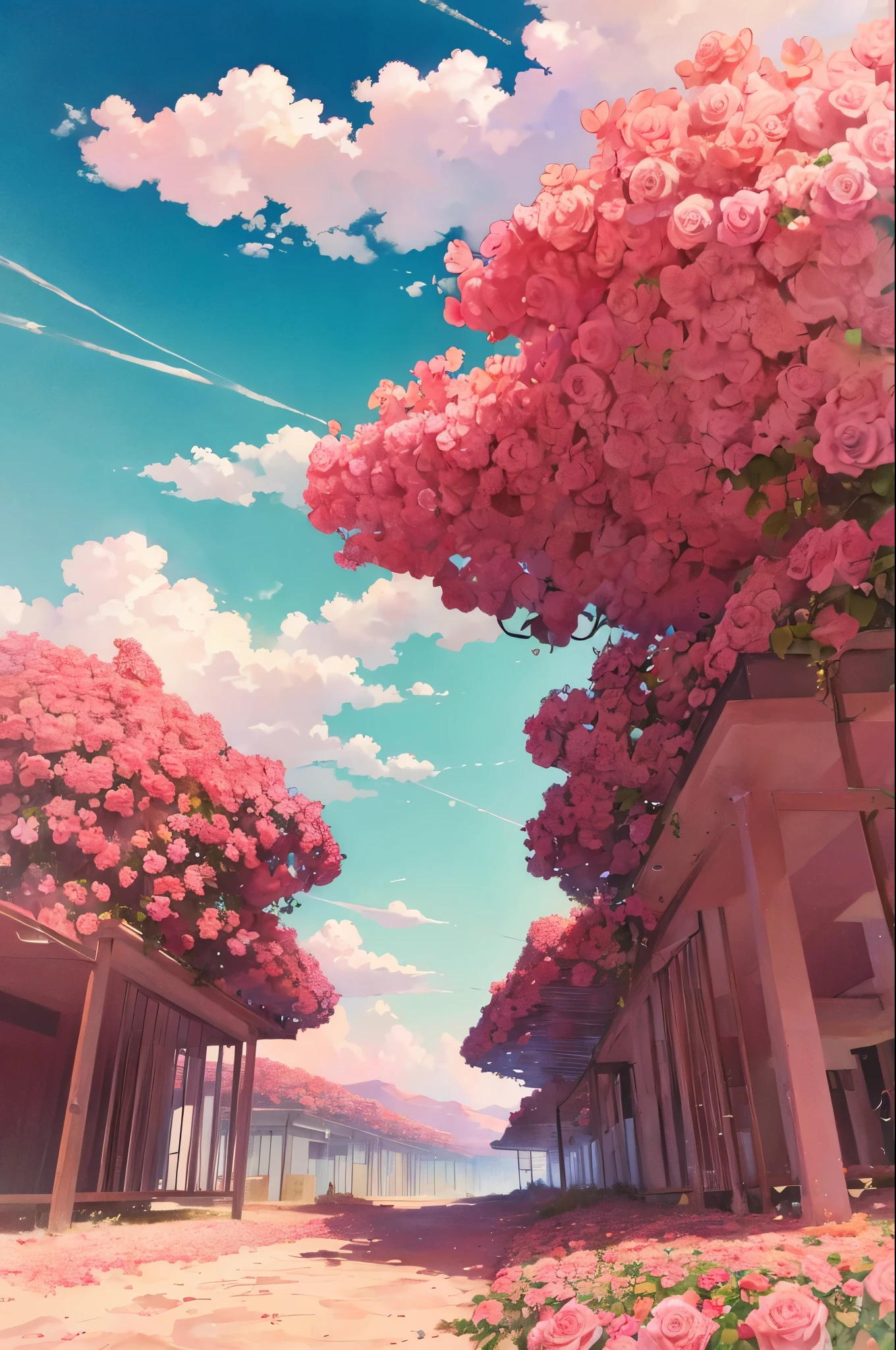 Summer, desert, pink clouds, a land overgrown with roses, James Gurney, art station rendering, ultra-wide lens, high definition