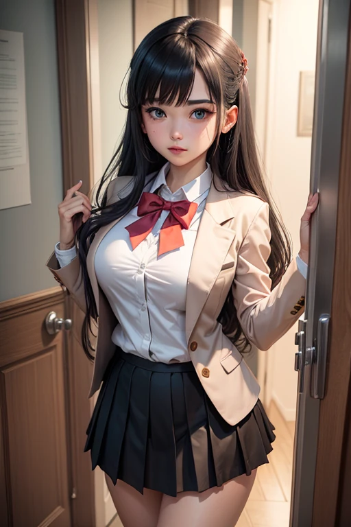 Masterpiece, top quality, official art, highly detailed CG Unity 8K wallpaper, like a schoolgirl, very delicate and beautiful, ultra high resolution, (photorealistic: 1.4), golden hour lighting, (upper body), (platinum shorthair: 0.8), (puffy eyes), looking at the viewer, facing the front, smiling, JK skirt, white dress, Shirt Lift Long Black Hair --auto --s2