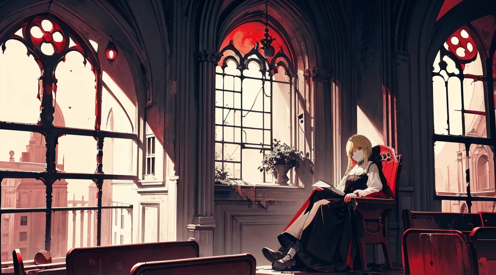 (sister, blonde hair, red eyes, sitting in a chair), (abandoned church, red moon outside the window), (low contrast, flat color, limited palette)