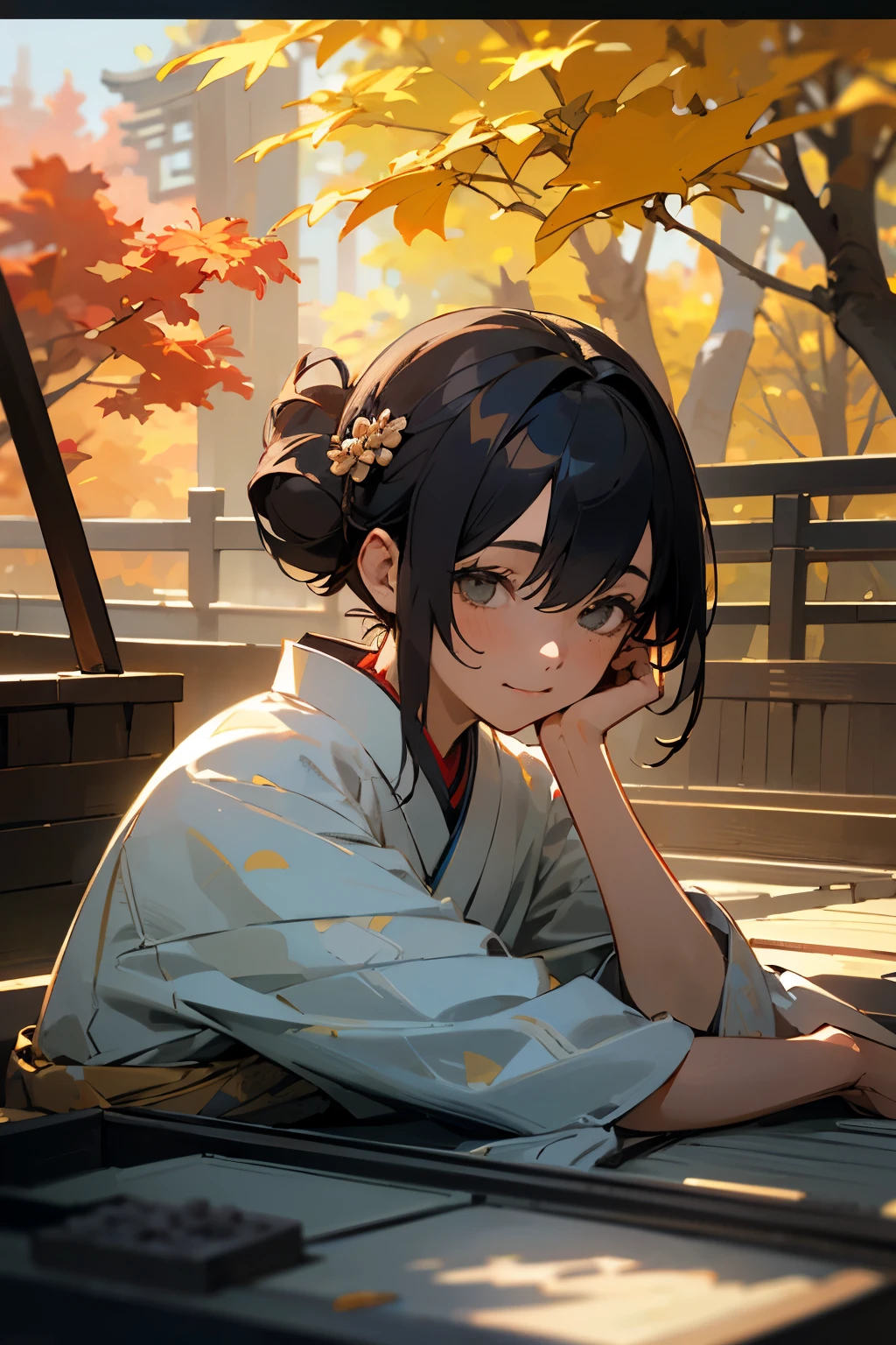 ((High Quality))(Realistic:1.3), (face perfect)(Perfect sexy body)(perfect hand)Rembrandt lighting, (masutepiece:1.2), (photoRealistic:1.2), (Best Quality), (Detailed skin:1.3), (Intricate details), Ray tracing,1girl in, japanaese girl, 21 years old, Detailed skin texture, (blush:0.5), Subsurface scattering, Smiling, updo hair, Bangs, hair between eye, Hair ornaments, Kimono, with floral pattern, wearing edgJF_Kimono, Seiza (bright sunny day, Autumn setting, Autumn trees々and leaves, (a Zen garden:1.2)