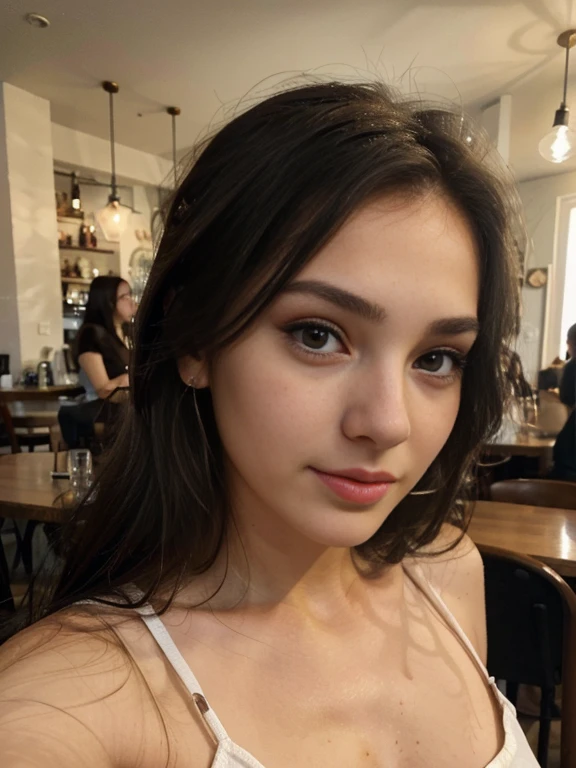 Photo of a 20 year old brunette woman, that has a very natural face, thin lips, thin eyes, thin eyebrows, thin nose, earrings, long eyelashes. She makes a cute selfie in a cafe