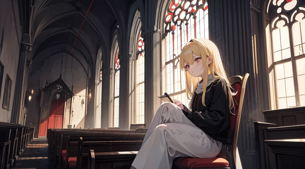 (sister, blonde hair, red eyes, sitting in a chair), (abandoned church, red moon outside the window), (low contrast, flat color, limited palette)