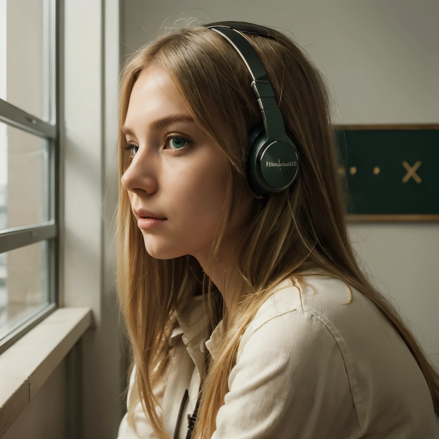 (masterpiece), (best quality, highres, highly-detailed, illustration), 1girl, solo, city, contemporary, profile picture closeup, blonde beige long hair, green eyes, beautiful detailed eyes, squatting, headphones, 8k, trending on ArtStation, featured on Pixiv