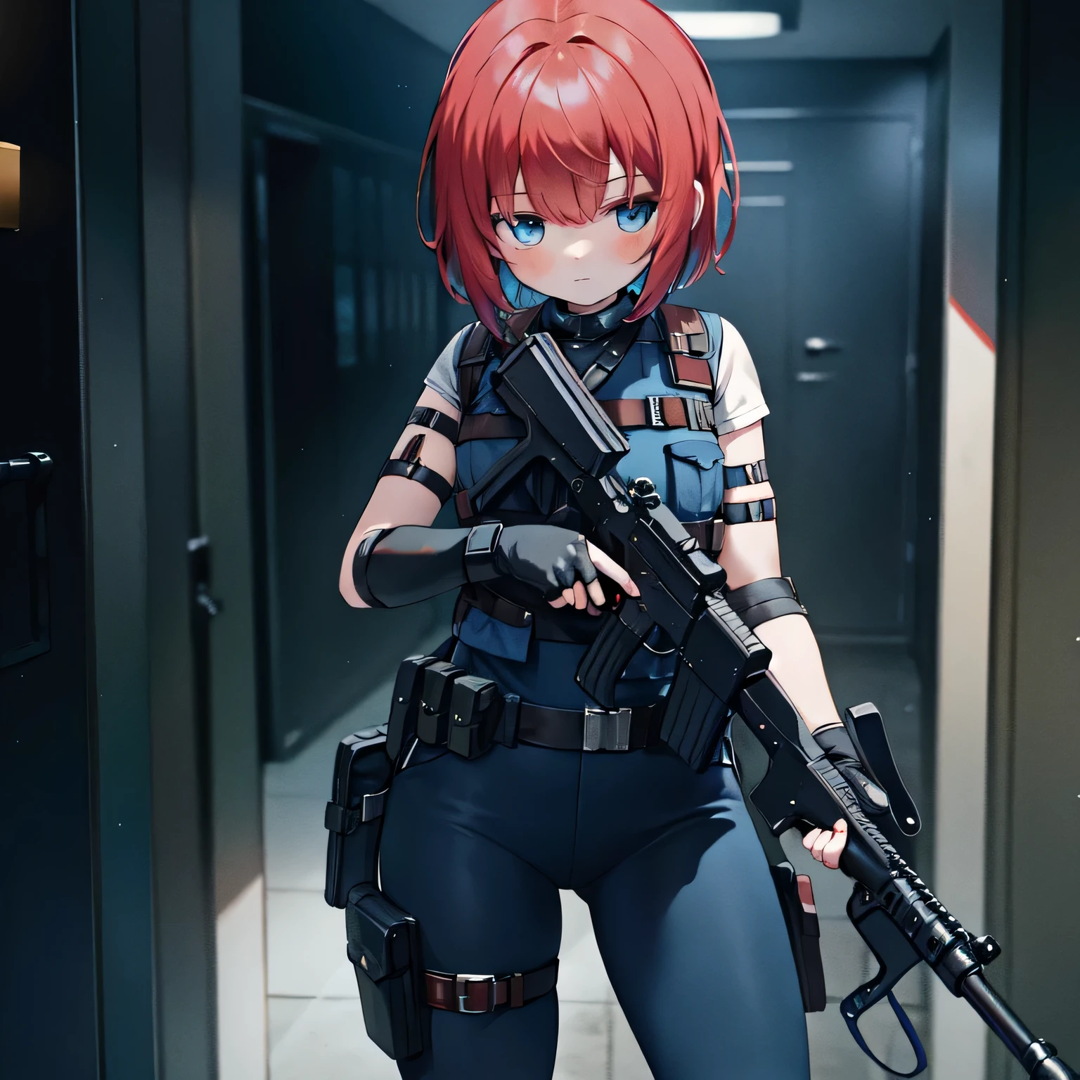 Resident evil ,  with blue suit holding arma on left side, 1girl in, Solo, arma, gun, Short hair, Fingerless gloves, Cowboy Shot, ,red hairs