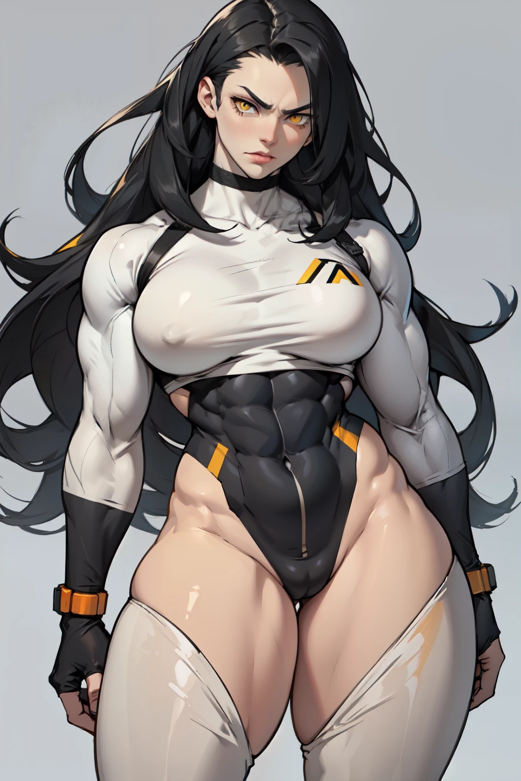 ((grey background)) pale skin black hair yellow eyes (very long hair) angry ((1 girl muscular toned body bodybuilder curvy wide hips thick thighs)) standing bodysuit