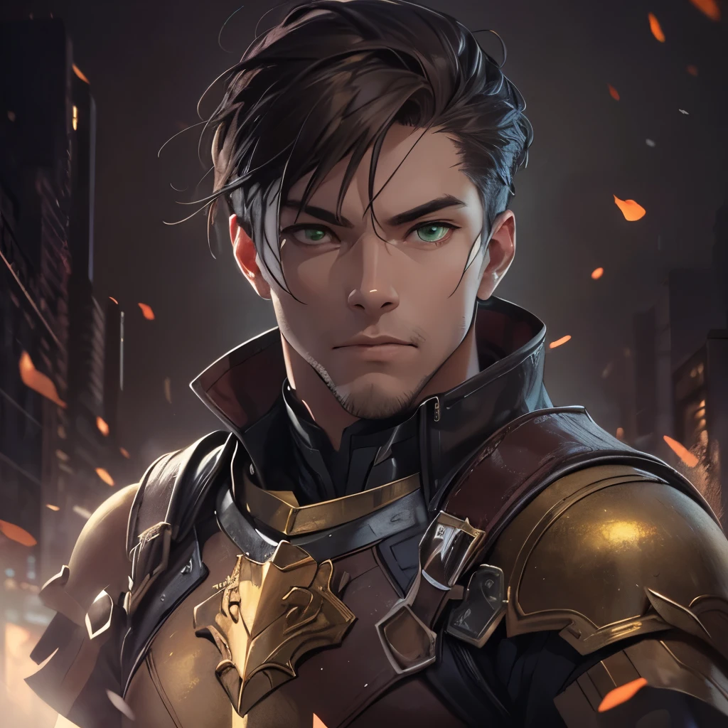 (masterpiece), 8k cg, intricate details, chromatic aberration, ((bust shot)), ((looking at viewer)), 1man ( green eyes, short brown hair, hero armor, golden armor), handsome face, boyish face, frown, 30 year old, absurdres, cinematic lighting, dynamic lighting, fantasy, ((dark background, fog))