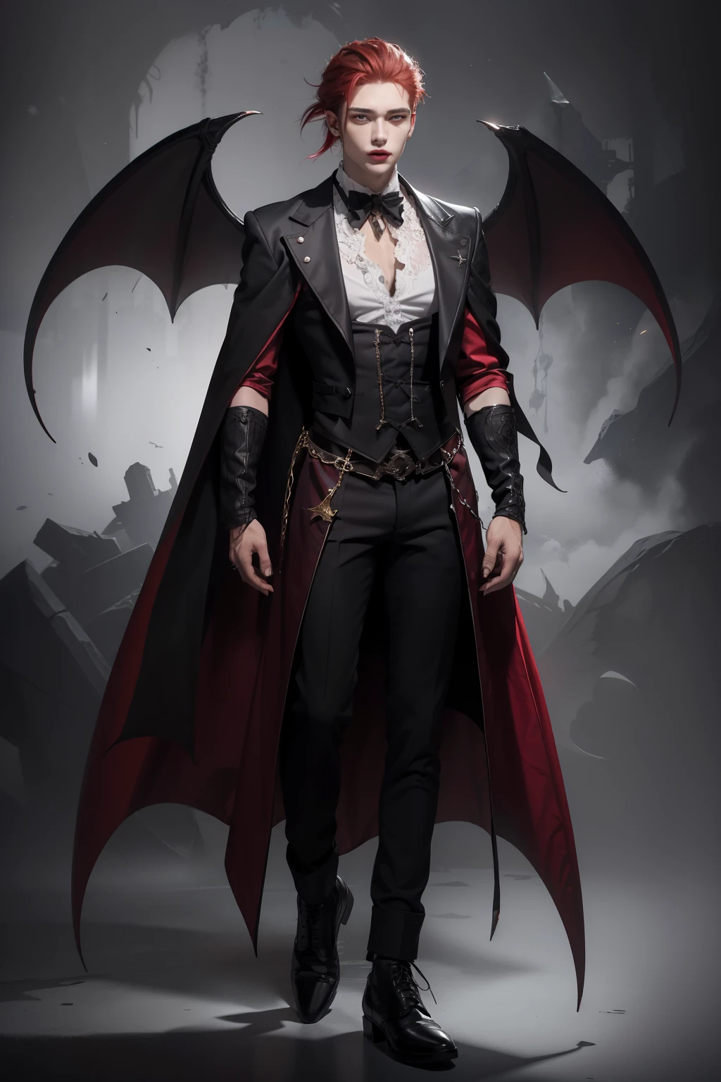 Gothic boy, 18 years old handsome, red hair, pointed ears, with vampire wings, black clothes, on a gothic background, vampire fangs, male handsome, full body