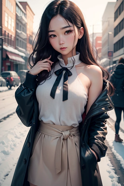 realistic photos of (1 cute Korean star) Shoulder-length hair, thin makeup, medium breasts size, wearing coat, in the snow, clear facial features, 8K high resolution, sharp and realistic details.from outside, Eye-Level Shot, f/4.0, 135mm, Fujifilm, jpeg artifacts, dithering, UHD, masterpiece