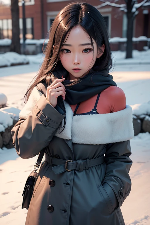 realistic photos of (1 cute Korean star) Shoulder-length hair, thin makeup, medium breasts size, wearing coat, in the snow, clear facial features, 8K high resolution, sharp and realistic details.from outside, Eye-Level Shot, f/4.0, 135mm, Fujifilm, jpeg artifacts, dithering, UHD, masterpiece