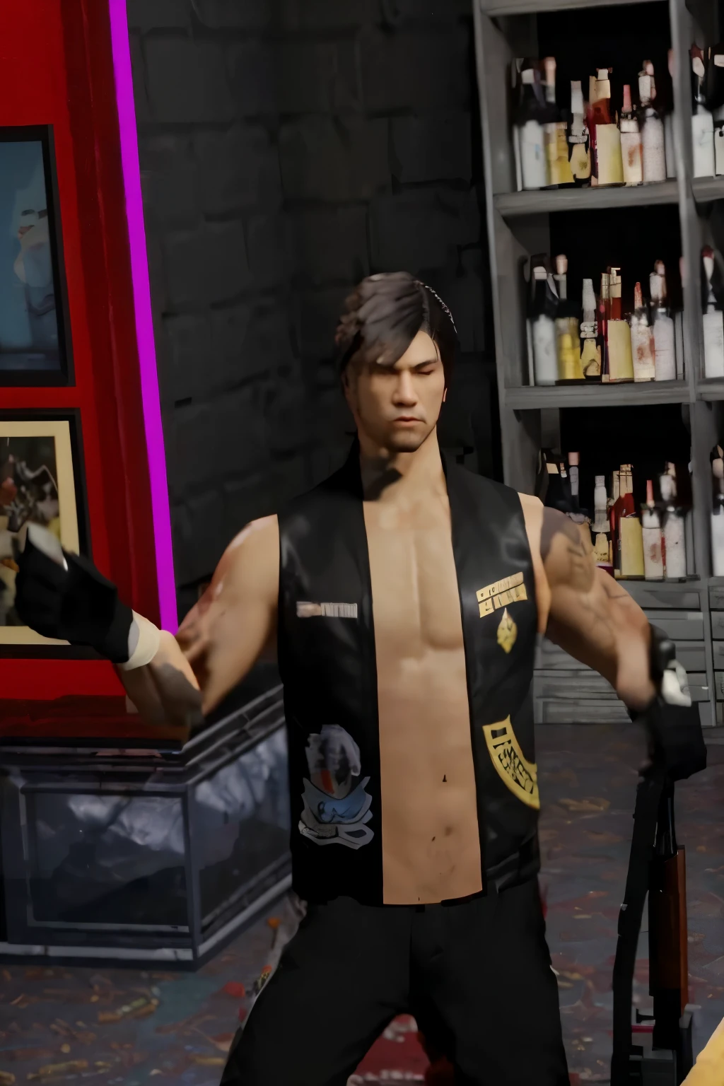 there is a man with a gun in a room with bottles, as a character in tekken, in the style of sifu 🔥 😎 🕹️ 👀 :2, dead or alive 6, character from king of fighters, saints row fursuit tails mod, ernest khalimov body, 2020 video game screenshot, posing for a fight intricate, fighting game character