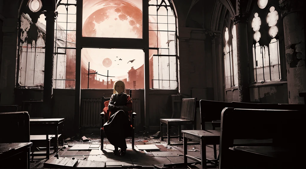(sister, blonde hair, red eyes, sitting in a chair), (abandoned church, red moon outside the window), (low contrast, flat color, limited palette)