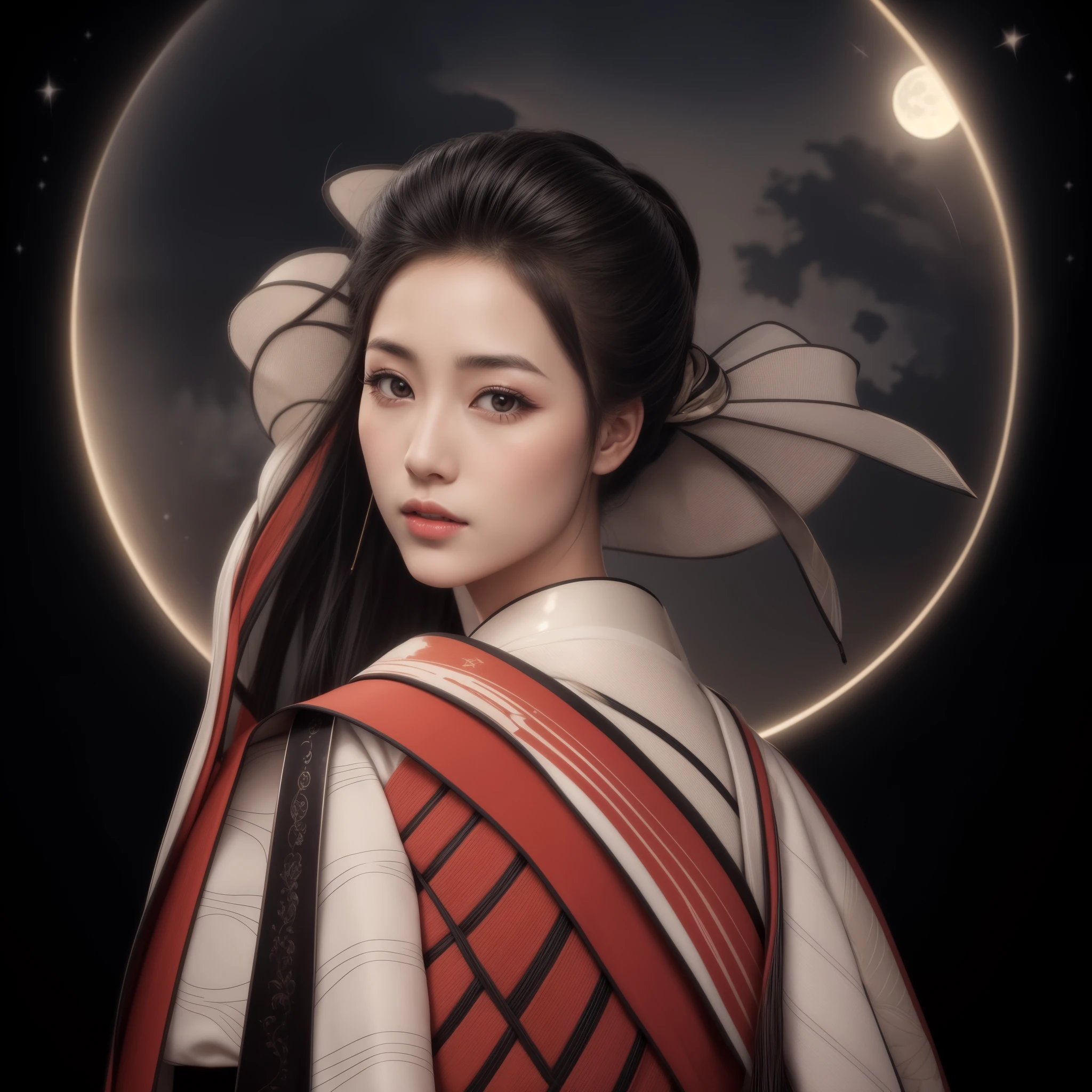 A beautiful young Japanese geisha, with flowing black hair, with a bun behind her head, with beautiful lips, beautiful eyes, pale soft silky skin, wearing a beautiful kimono, posing looking back from under her shoulders, and in the background a full moon Bright with stars on the side shining under sparse clouds, beautiful hyperrealistic moonlight geisha, a photorealistic moonlight geisha, beautiful and charming geisha in a moonlit night of intricate details.