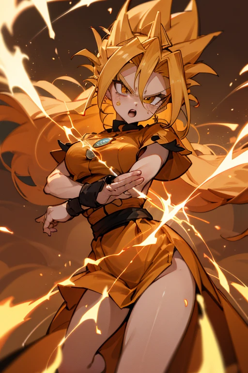 mulher super saiyan 4. Seus olhos, normalmente castanhos, transformam-se em um tom dourado vibrante quando ela atinge essa forma poderosa. Transforming into Super Saiyan 4 adds red-orange fur that covers much of his body, combinando perfeitamente com sua cauda, que se torna mais longa e densa. Marcas faciais tribais aparecem em ambos os lados de seu rosto, adding a fierce touch to your appearance. Quando se transforma em Super Saiyan 4, part of her clothing comes undone to accommodate the transformation, revealing the raw strength and pulsating energy that emanates from her.