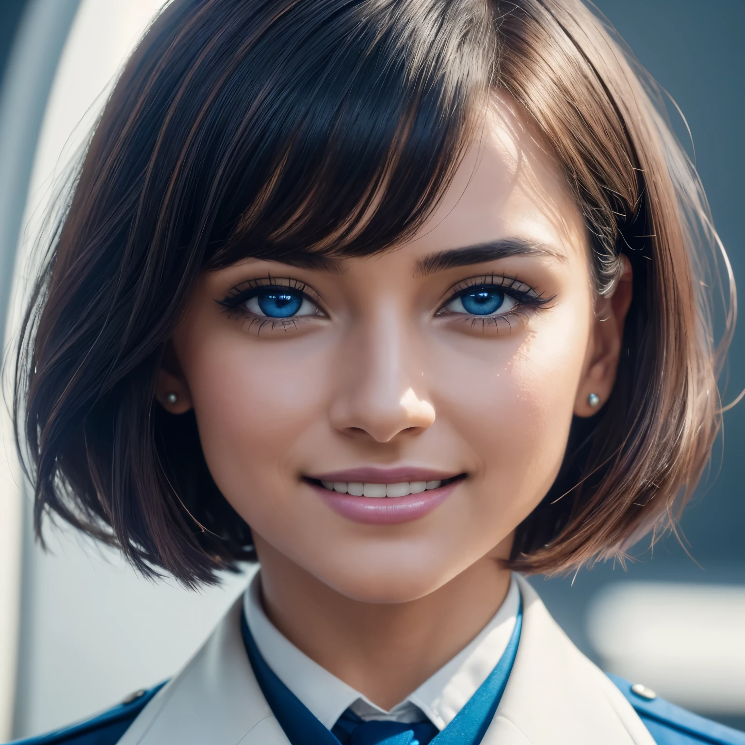 Real Life, Ultra Realistic, Photorealism, Photography, 8K UHD, Photo, HDR, Complex and Elegant, Highly Detailed, Sharp Focus, Stunning, Beautiful, Gorgeous), (Masterpiece: 1.2, Best Quality 1:1, Ultra Detail: 1.2, Best Shadows, 8k: 1.1), (beautiful detailed face), high contrast, (perfect lighting: 1.2, beautiful color, delicate color), (cinematic light)), colorful, hyper-detail, dramatic light, intricate detail, (Isabel Merced, flight_attendant, solo, bob_cut_ hair, blue eyes, dynamic angle, smiling, huge boobs:1.5, nsfw)