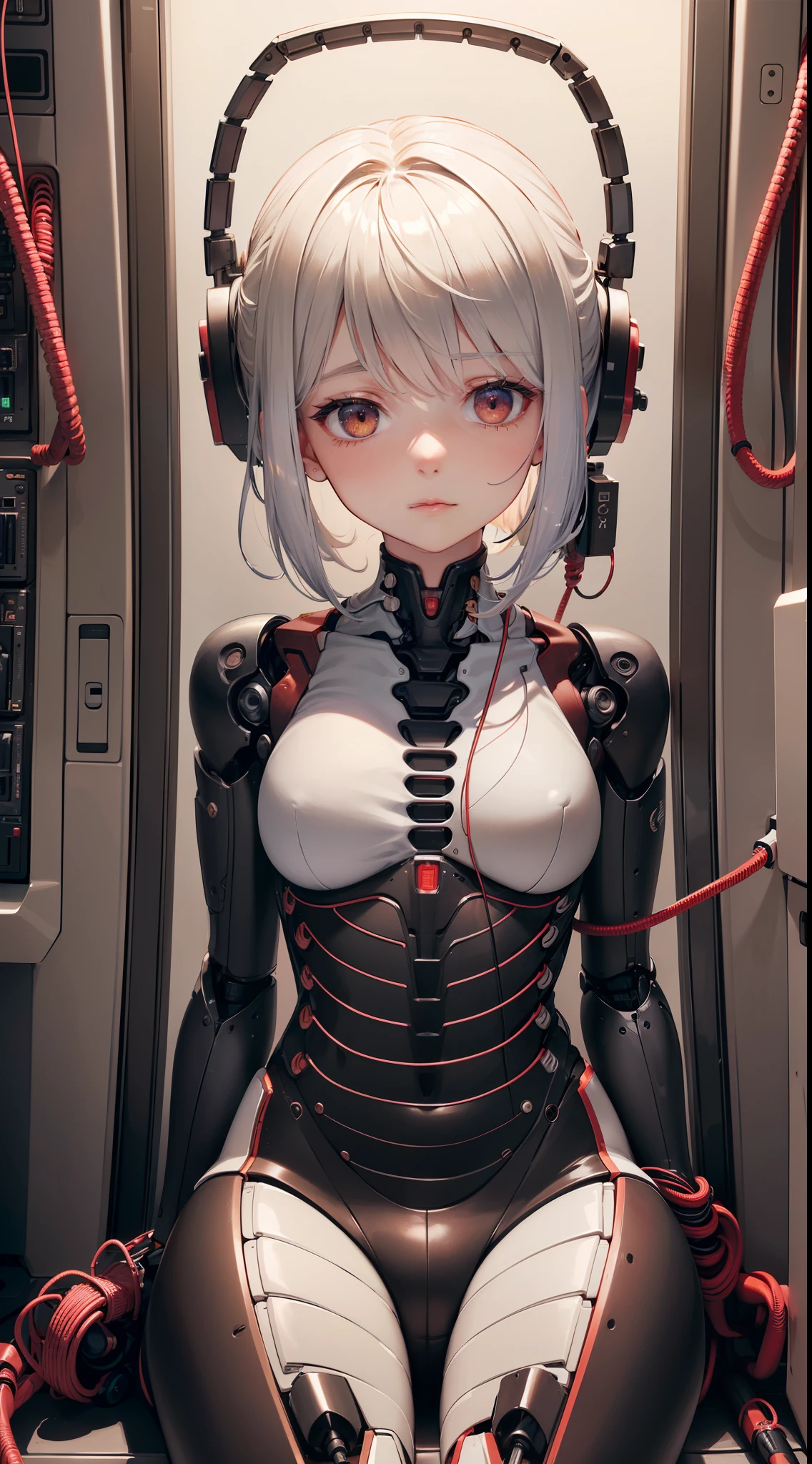 (((On the table))), ((((Best quality at best)))), (((ultra - detailed))), (CG illustration), ((Extremely Delicately Beautiful)),(Cute and delicate face),电影灯光,((1 mechanical girl)),Alone,FULL-BODY ESBIAN,(Machine joints:1.4),((Mechanical limb)),(The blood vessels are attached to the tube),((Mechanical vertebrae attach to the back)), ((Mechanical cervical spine fixation in the neck)),((Sit Pose)),face expressionless,(wires and cables attached to head and body:1.5),(Character focus),sci-fy，，looking at the camera in