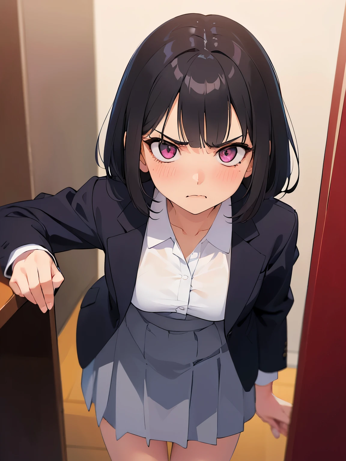 (leaning forward:1.3), Shooting from above、​masterpiece、top-quality、 A 25-year-old woman with medium hair and pink eyes with brown bangs.、Wearing a gray suit、wearing a gray skirt、white  shirt、blush, (annoyed:1.3)、(Staring:1.5)、is standing、The background is office、Bold composition、Upper body is shown、Alone、