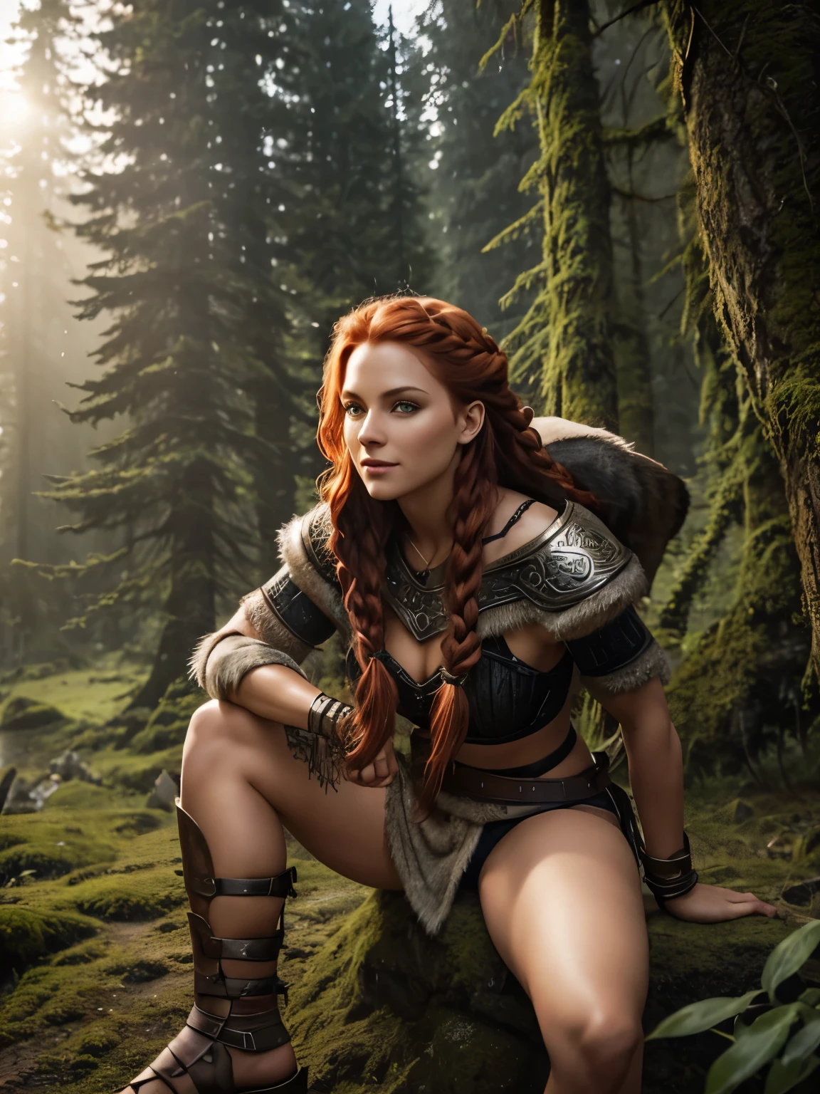 A beautiful and sexy viking raider woman dressed in wolf armor, beautiful refined face detail, bright light eyes, knowing smile, mischievous glint in her eye, perfect legs, wonderful and innocent energy, adventurous spirit, Lucious braided red hair, atmospheric fog, ambient light, rim light, an overgrown mountain forest,