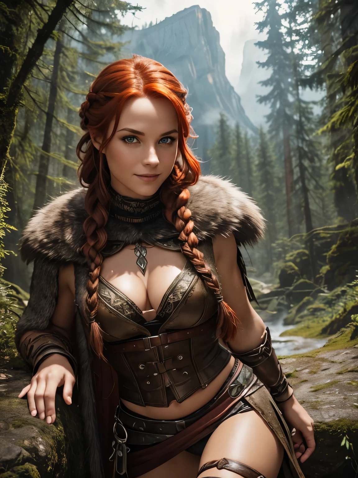 A beautiful and sexy viking raider woman dressed in wolf armor, beautiful refined face detail, bright light eyes, knowing smile, mischievous glint in her eye, perfect legs, wonderful and innocent energy, adventurous spirit, Lucious braided red hair, atmospheric fog, ambient light, rim light, an overgrown mountain forest,