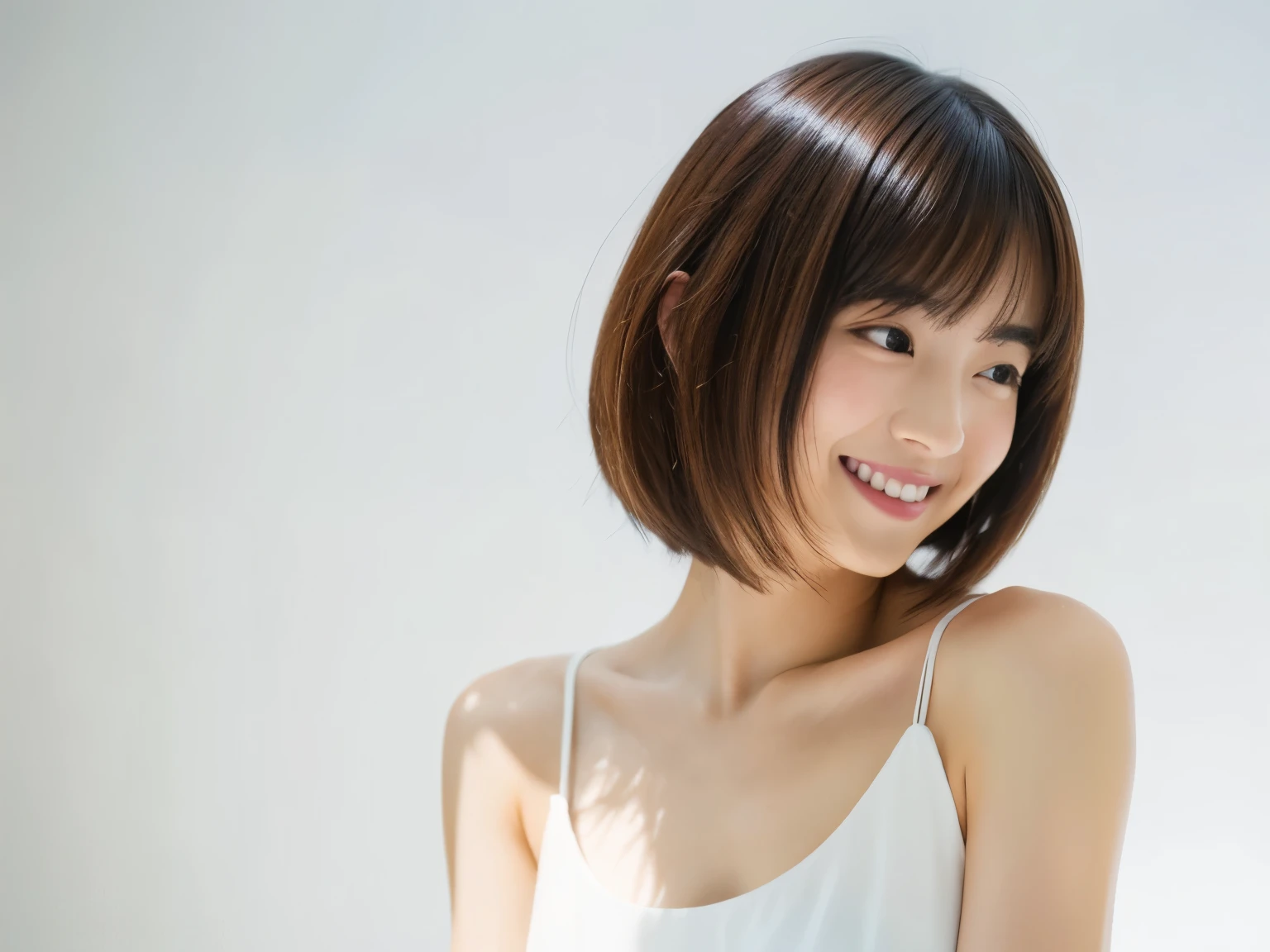 beautiful expression , master piece , Best Quality , bob hair , a matural female , Japanese , 24 Private,(((Upper body))) , Smile, profile ,touch your arm, white background