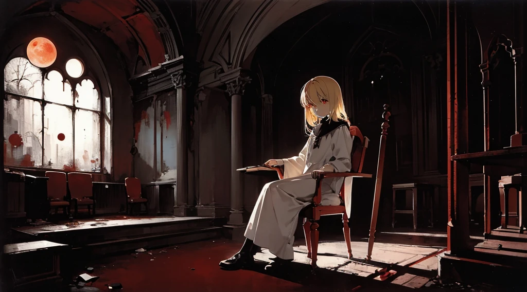 (sister, blonde hair, red eyes, sitting in a chair), (abandoned church, red moon outside the window), (low contrast, flat color, limited palette)
