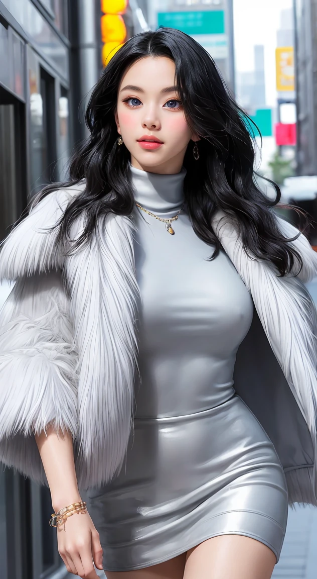 (masterpiece, best quality), pixel art, perfect slim fit body, nice breasts, wavy hair, bracelet, necklace, (designer turtleneck, miniskirt, fur jacket), stylish, walking pose, big gorgeous eyes, kind smile, parted lips, blush, city streets, elaborate details, natural lighting, top pixiv, top artstation