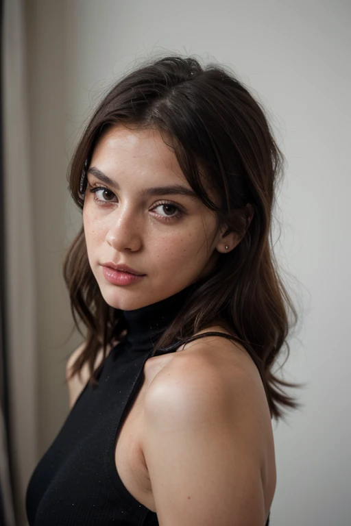 ((best quality)), ((masterpiece)), (detailed), perfect face realistic photo of beautiful woman with long dark brown hair, Russian, influencer, light freckles, dark brown eyes, big lips, no makeup, instagram, a black and white photo of a woman in a dress, a black and white photo, tumblr, black turtleneck, black halo, curvy model, '9 0 s, total black outfit, modeling