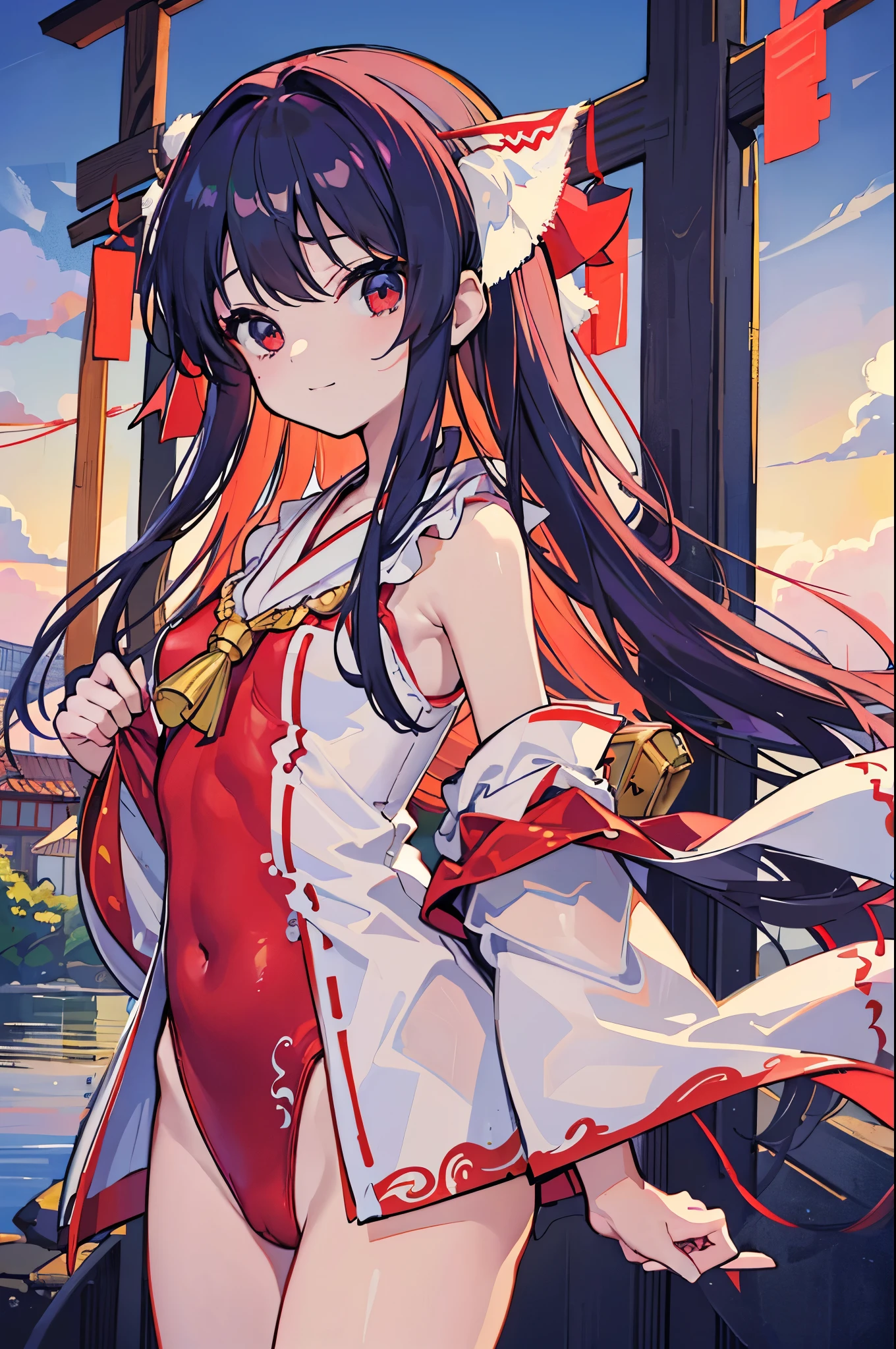 ((4k、8k、top-quality、perfect fingers: 1.3、perfect anatomia: 1.3、Background blur))、((1人))、((、a beauty girl 、a baby face、(Red aneotard show shrine maiden clothes)、long straight hair、beautiful big slanted eyes))、Happy smiling face、Full body display、blue sky and summer meadow、