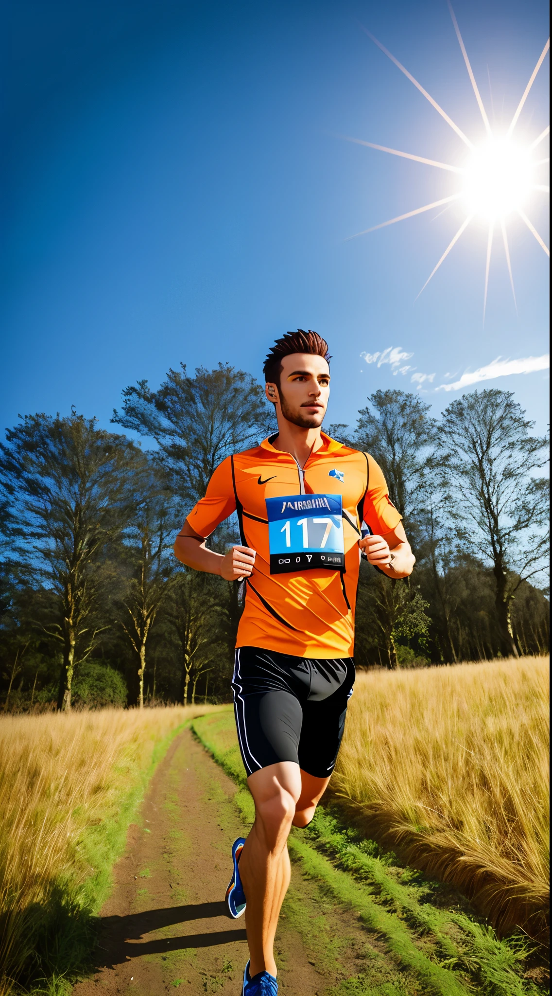 sharp man running with an orienteering running track in a field, imagem de perfil, apenas contornos do corpo, with number on the chest, with map in hand, with compass in hand