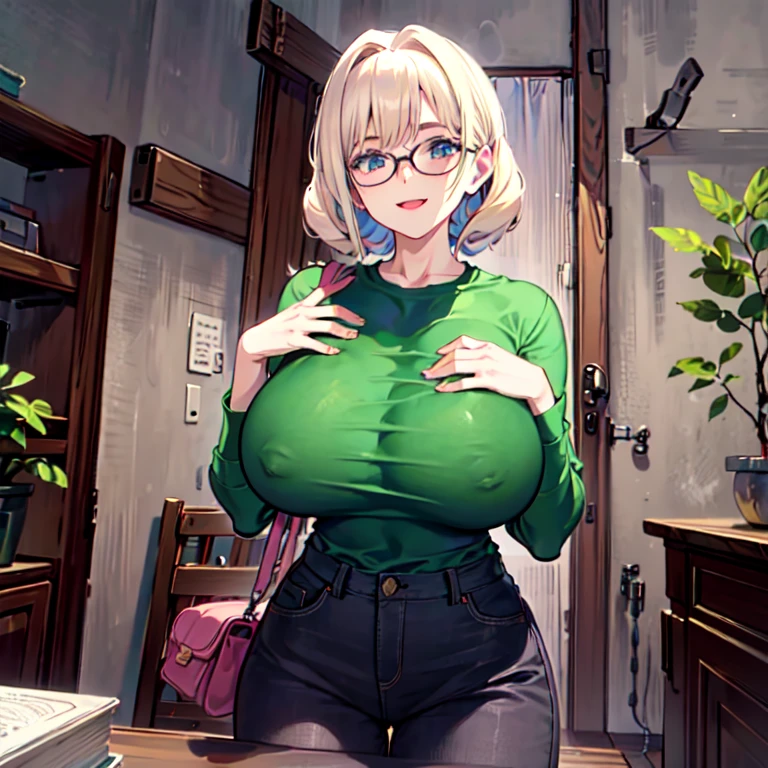 masterpiece, best quality, 1girl, solo, milfication, mature female, milf, gigantic breasts, curly hair, very short hair, blonde hair, swept bangs, blue eyes, glasses, green shirt, denim, upper body, living room, hands on hips, looking at viewer, smile