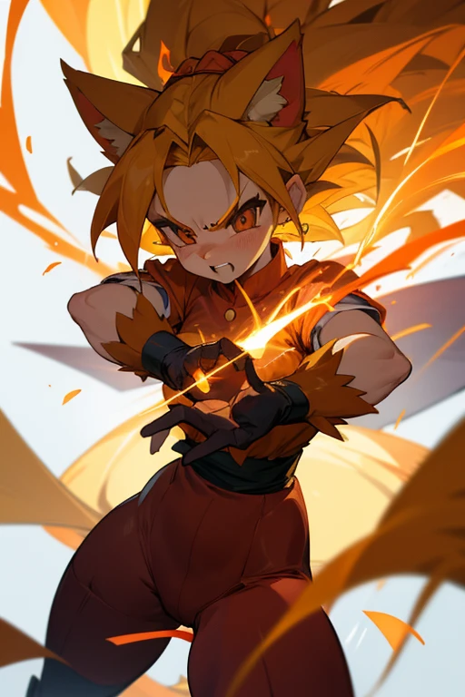 mulher super saiyan 4. Seus olhos, normalmente castanhos, transformam-se em um tom dourado vibrante quando ela atinge essa forma poderosa. Transforming into Super Saiyan 4 adds red-orange fur that covers much of his body, combinando perfeitamente com sua cauda, que se torna mais longa e densa. Marcas faciais tribais aparecem em ambos os lados de seu rosto, adding a fierce touch to your appearance. Quando se transforma em Super Saiyan 4, part of her clothing comes undone to accommodate the transformation, revealing the raw strength and pulsating energy that emanates from her.