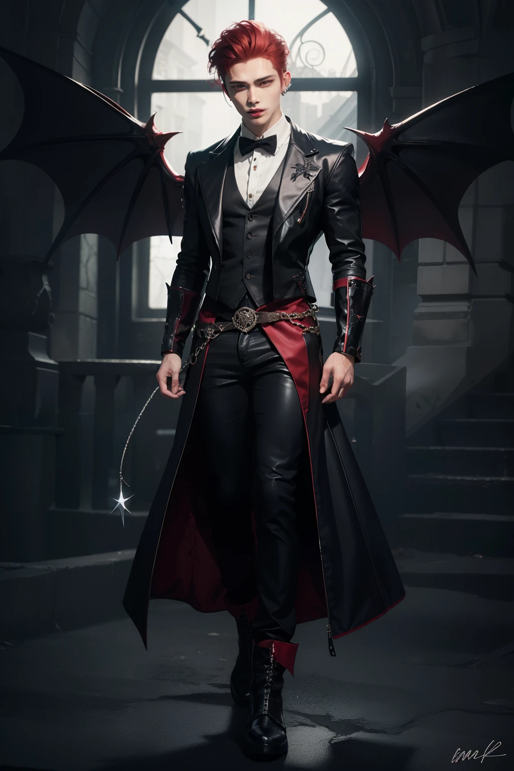 Gothic boy, 18 years old handsome, red hair, pointed ears, with vampire wings, black clothes, on a gothic background, vampire fangs, male handsome, full body, demon