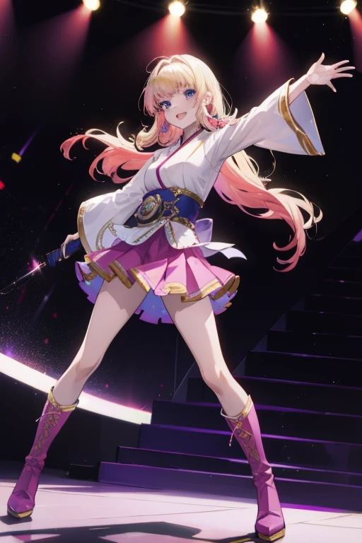 (Anime:1.1), Best Quality, masutepiece,
1girl in, sherly nome, multicolored hair, blonde  hair, Pink hair, gradient hair long hair, medium breasts, Blue eyes, Mature Woman,  Looking at Viewer, Smile，Stage Performance, hot air，Purple idol style Japanese clothes，a miniskirt，long boots，Putting your hair together at the back，Idol singer standing in the center of stage，An idol singer is holding a microphone and singing， The expression of the idol singer is serious and powerful. The singer's voice is strong and beautiful，Fans gather around the stage， Fans are singing and dancing with idol singers