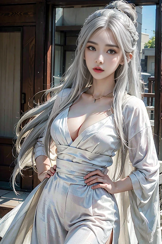 photorealistic portrait, high-res, 1woman, bara, Hip up, look at viewer, (detailed face), narrow waist, Lips closed, White Hair, long-haired, ganyu costume, genshin impact, jewelry