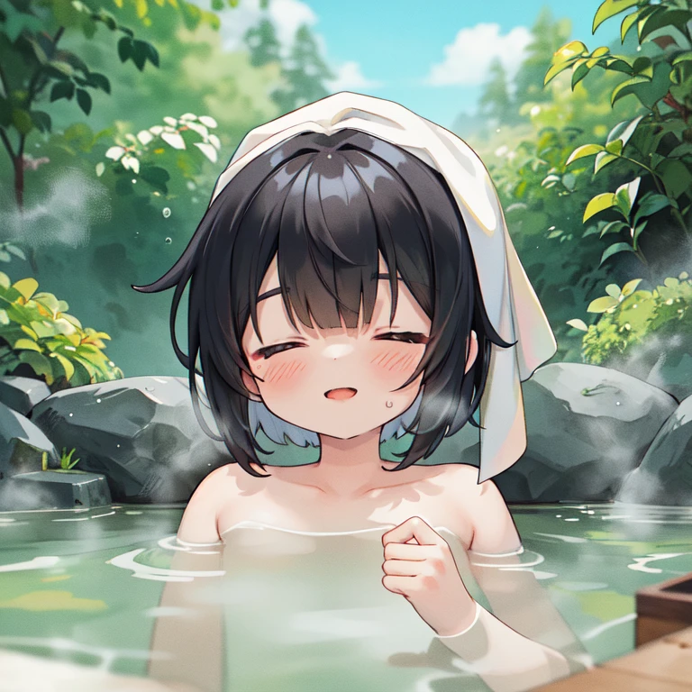 (finely best quality illustration:1.2), (Kawaii Girl:1.1), (1girl in, Solo:1), Contours made by craftsmen, Refined contours, Sexual skin, coquettish skin, (soft Smile:0.7), refined and accurate eyes, 1girl in, Solo, Onsen, Yuzu bath, put a towel on your head, Wrap the entire body in a towel、, Closed eyes, Black hair, Short hair, blush, Partially submerged, Bangs, Water, nude, Bathing, Open mouth, blunt Bangs, Smile, steam, 鎖骨, depth of fields