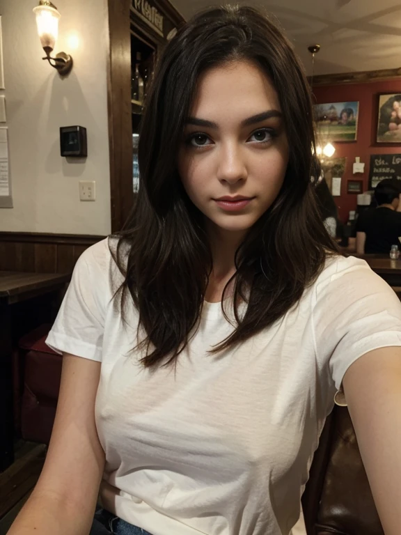 Photo of a 20 year old brunette woman, that has a very natural face, thin lips, thin eyes, thin eyebrows, thin nose, long eyelashes. She makes a cute selfie in a pub