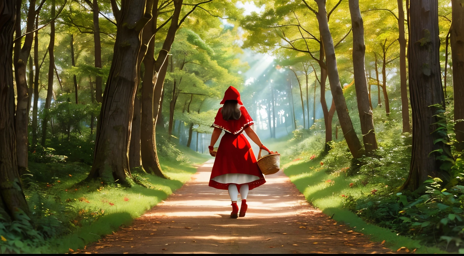 Illustrious Little Red Riding Hood walking along the forest trail, surrounded by majestic trees. The sun shines through the leaves, highlighting her journey to her grandmother's house, with a basket of goodies in hand.