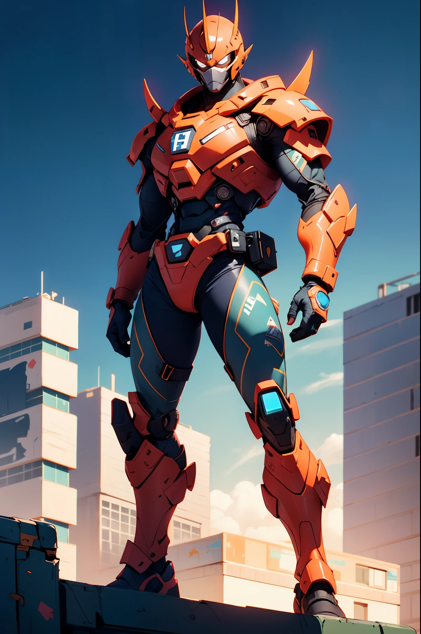 A super a high-tech biotech battle suit, standing on a rooftop, looking over the city, Japanese tokusatsu and American comic style, biometallic texture of the suit, sleek and shiny, dynamic, fast, natural light, cinematic, high quality, high resolution, high detail, sophisticated design, dramatic, high definition, ultra-detailed, ultra-fine painting, extremely delicate, creativity, Natural light, cinematic lighting, best shadow, masterpiece-anatomy-perfect