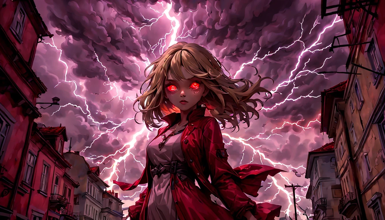 1 girl "Michelle Pfeiffer com vestido vermelho longo", flutuando na cidade with lightning bolts, Mulher no vestido vermelho longo com cabelo vermelho e preto, gothic maiden, Art not Guweiz style, No estilo de arte Bowater, 8k arte detalhada de alta qualidade, gothic art style, wearing a gothic dress, fechamento, Olhos vermelhos, olhando para baixo, cabelos brancos, vento, head tilt, cabelos brancos, Cabelos Longos, Tira vigorosa, cabelos lisos, cabelo grande, cabelos expressivos, (Olhos vermelhos que brilham intensamente:1.8), olhos para baixo, (Olhos vermelhos:1.5), Pessoas fugindo das ruas movimentadas da cidade repleta de lojas々, rua movimentada, A huge amount of purple lightning shot out from the girl&#39;the hand and hit the city, lightning clouds, Atmospheric lightning, Pink Lightning, with thunderstorms, Tempestade escura with lightning bolts, Dramatic purple lightning, Lightning in the sky, contrast lightning, thunderstorm in the sky, lightning in the background, with lightning bolts, clima tempestuoso with lightning bolts, Top volumetric lighting,Efeito de usar aura roxa,(Control a large number of beams with open arms:1.4), Lightning effect on both hands, Countless balls glowing purple around the girl,goddess of lightning, tempestade, storm outside, Ela atrai muitos raios roxos,