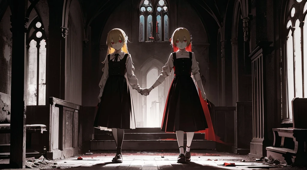 (2 girls, sister, blonde hair, red eyes, kawaii, hold hands), (abandoned church, late night), (low contrast, flat color, limited palette)