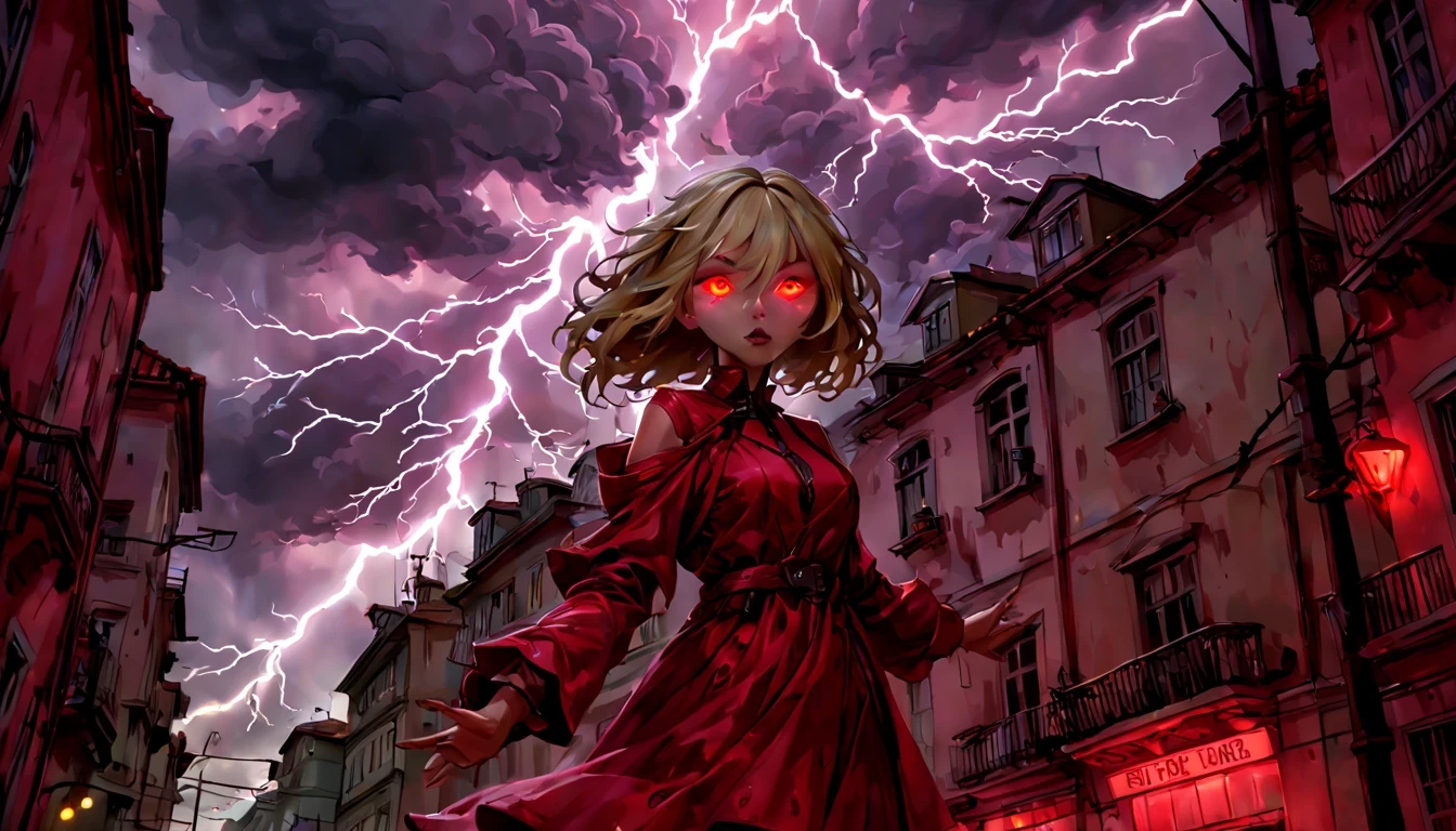 1 girl "Michelle Pfeiffer com vestido vermelho longo", flutuando na cidade with lightning bolts, Mulher no vestido vermelho longo com cabelo vermelho e preto, gothic maiden, Art not Guweiz style, No estilo de arte Bowater, 8k arte detalhada de alta qualidade, gothic art style, wearing a gothic dress, fechamento, Olhos vermelhos, olhando para baixo, cabelos brancos, vento, head tilt, cabelos brancos, Cabelos Longos, Tira vigorosa, cabelos lisos, cabelo grande, cabelos expressivos, (Olhos vermelhos que brilham intensamente:1.8), olhos para baixo, (Olhos vermelhos:1.5), Pessoas fugindo das ruas movimentadas da cidade repleta de lojas々, rua movimentada, A huge amount of purple lightning shot out from the girl&#39;the hand and hit the city, lightning clouds, Atmospheric lightning, Pink Lightning, with thunderstorms, Tempestade escura with lightning bolts, Dramatic purple lightning, Lightning in the sky, contrast lightning, thunderstorm in the sky, lightning in the background, with lightning bolts, clima tempestuoso with lightning bolts, Top volumetric lighting,Efeito de usar aura roxa,(Control a large number of beams with open arms:1.4), Lightning effect on both hands, Countless balls glowing purple around the girl,goddess of lightning, tempestade, storm outside, Ela atrai muitos raios roxos,