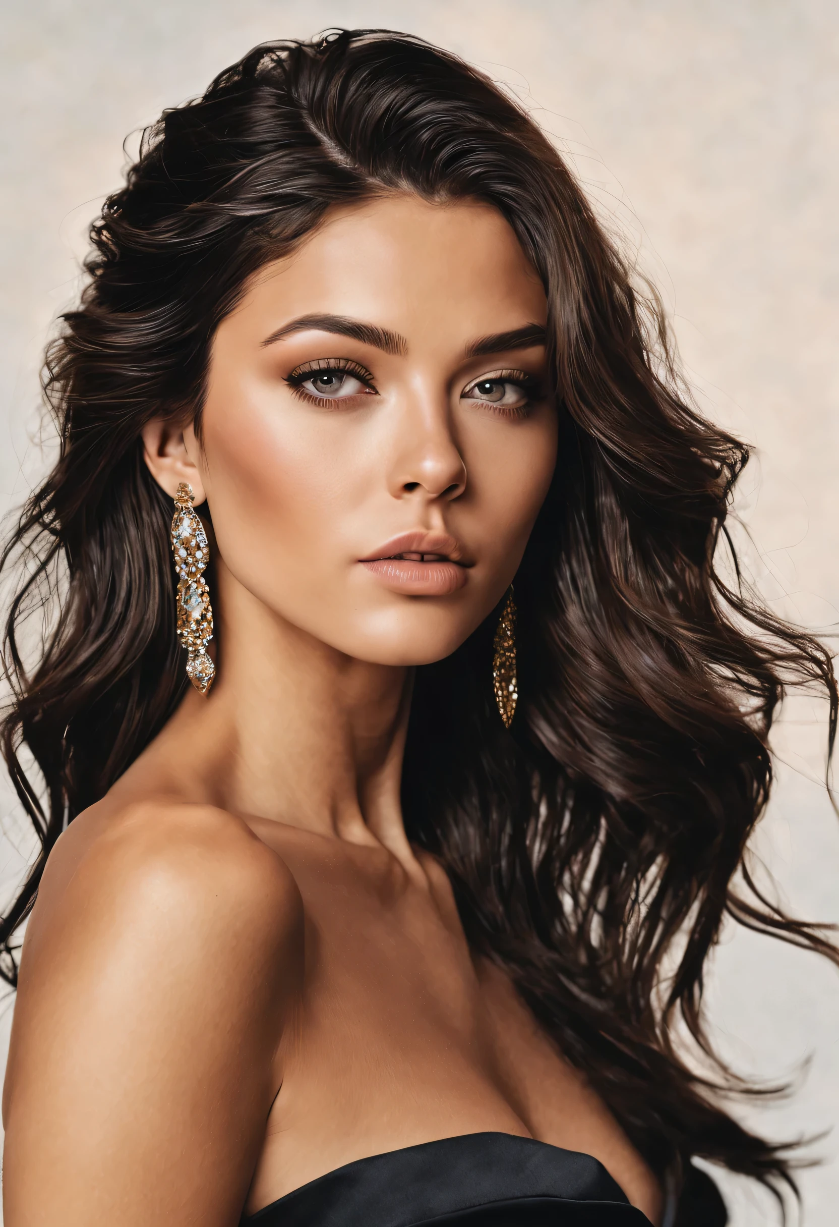 A photorealistic portrait of a captivating woman in her mid-20s. Her face embodies the refined beauty of Madison Beer, the striking elegance of Kendall Jenner, and the effortless grace of Gigi Hadid. Her skin radiates with a healthy glow, her lips are delicately plump and kissable, her eyes sparkle with intelligence and warmth, and her hair cascades in waves of auburn or raven black. Her expression is serene and captivating, exuding an aura of confidence and tranquility. She is the epitome of modern beauty, a vision of loveliness that will linger in your memory long after you've seen her.