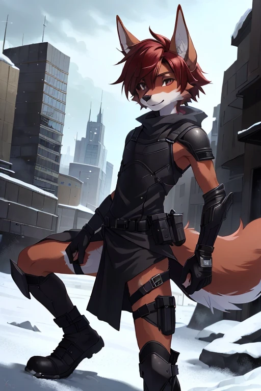 masterpiece quality, Boy, small, ((twink)), short, red fur, jackal, slender, ((androgynous)), anthro, swat gear, battle dress, day, snowy city,