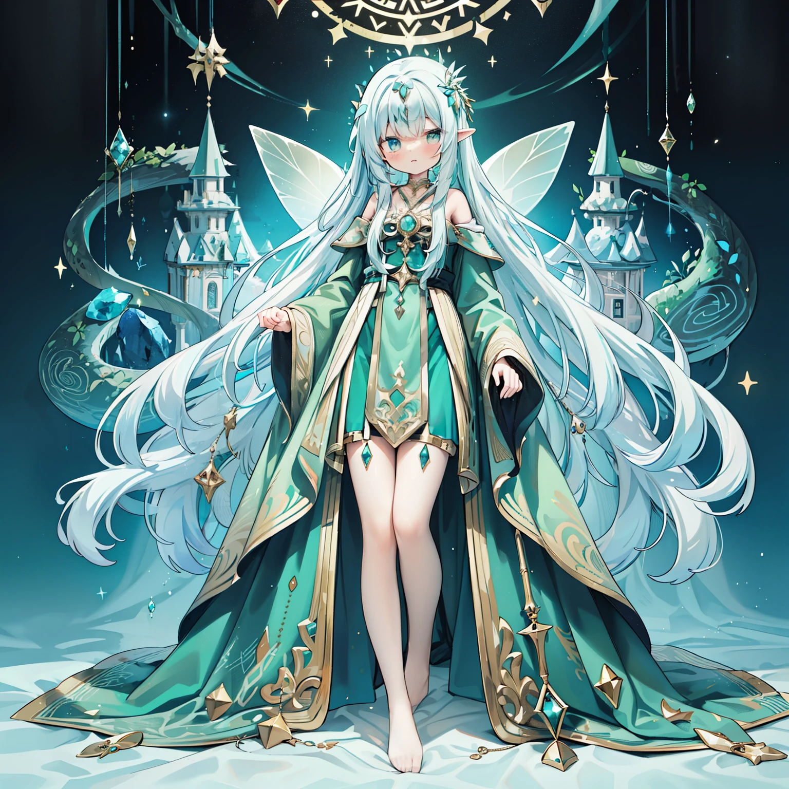 Full-body animation expression of a young magician with long flowing hair, Wearing gorgeous drapes, emerald wizard'Robes decorated with mythical runes. she stands in the ancient world, overgrown deforestation, Holds a magic wand topped with sparkling crystals, A curious fairy friend is nearby..a closeup:1.3、dynamic ungle:1.0