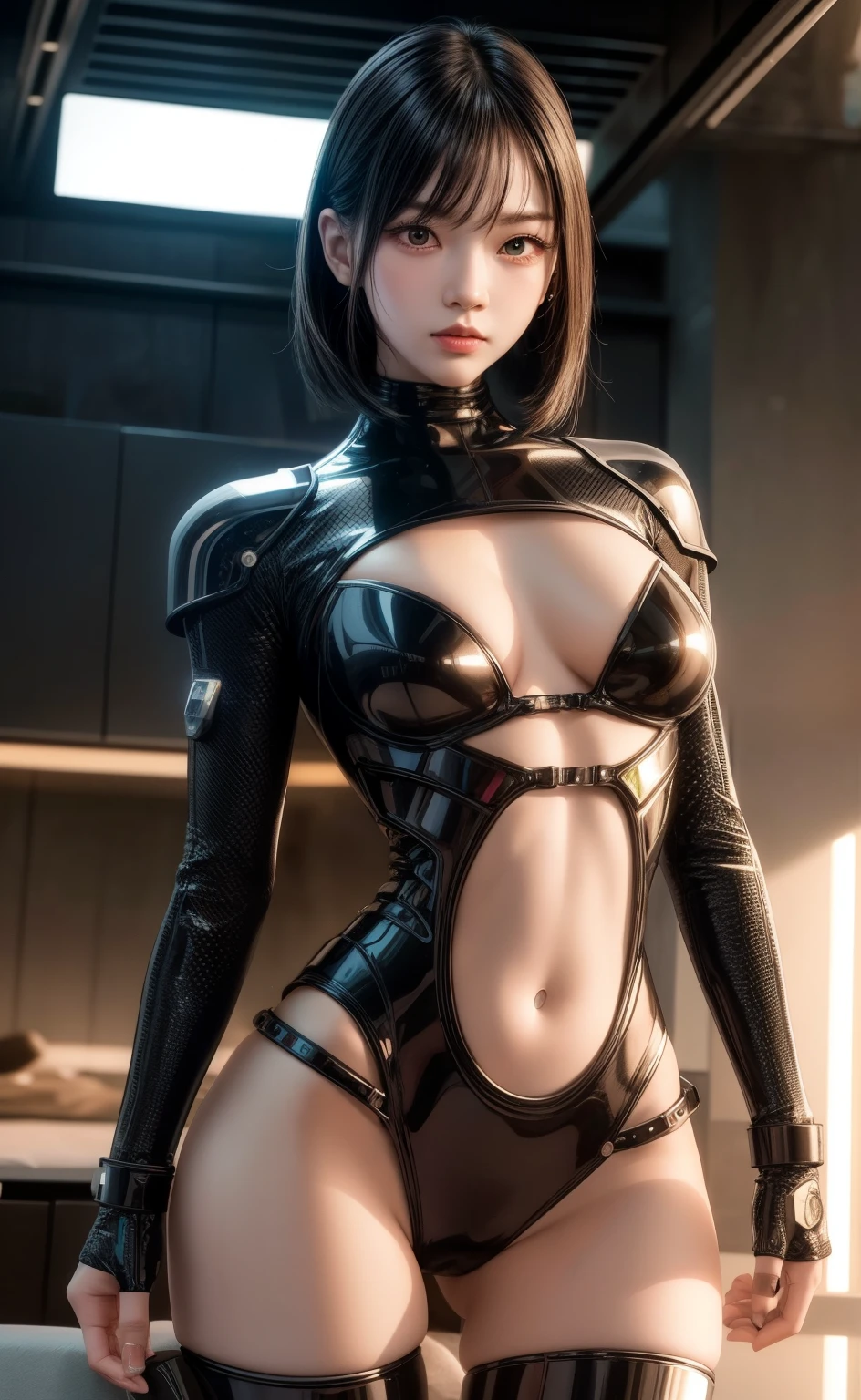 delicated face， 20-year-old kpop idol{cyborgs}girl， （碳纤维cyborgs身体）， carbon fiber body， {{Bob with angles}}， （：1.15）， （Mechanical with bangs， captivating curveoth sides of the middle pelvis， stand posture， sea beach， Glowing skin， （（Puffy））， （high legs， Camel toes， Carmelto， Vulvar shape：1.25）， （cyber punk personage， sci-fy：1.2）， [[luminous neon lights]]]， （upper part of body：1.15）， （8K， RAW photo quality， tmasterpiece：1.45），（NSFW：1.15）