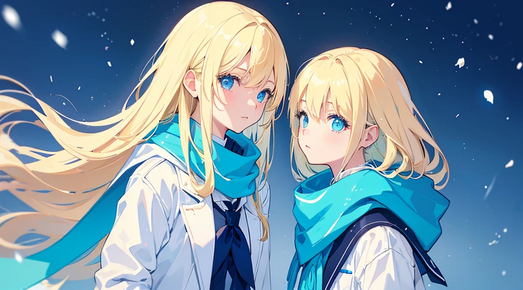 (2 girls, blonde hair, blue eyes, school uniform, white coat, blue scarf, kawaii), (snowing, blue cyberpunk city, blue neon), (low contrast, flat color, limited palette)